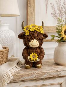 1pc Cute Highland Cow Resin Figurine With Sunflower, Rustic Farmhouse Style Cow Statue, Cottagecore Desktop Decor, Suitable For Living Room, Bookshelf, Mantel, Entryway, Gift For Cow Lovers - New Product - View 1