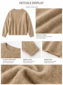 Vintage Women's Knitted Sweater, Round Neck Fuzzy Loose Pullover, Drop Shoulder Casual Long Sleeve Top Fall - Apricot - View 3