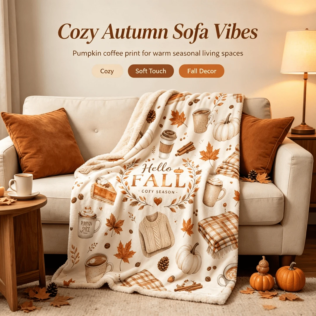Autumn Coffee Pumpkin Maple Leaf Print Thick Flannel Blanket, Skin ...