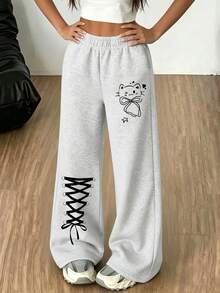 Sweet Girl Wide Leg Sweatpants, High Elastic Waist Cat & Bowknot Cross Tie Print Soft Knit Long Pants, Suitable For Teenage Girls, Spring Autumn Winter - Light Grey - View 1