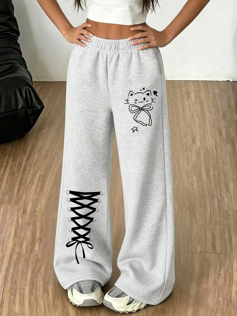 Sweet Girl Wide Leg Sweatpants, High Elastic Waist Cat & Bowknot Cross Tie Print Soft Knit Long Pants, Suitable For Teenage Girls, Spring Autumn Winter - Light Grey - View 1