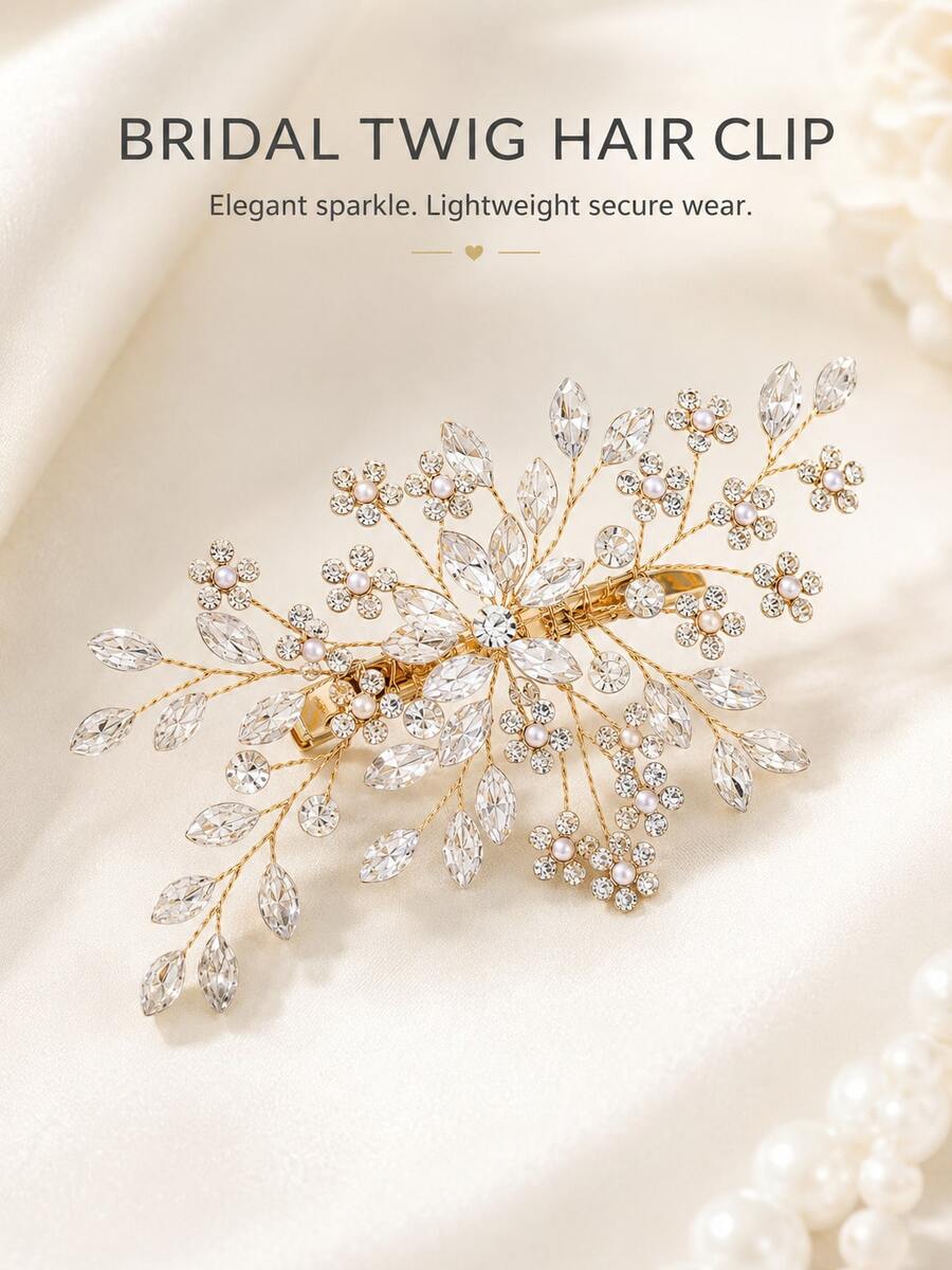 Vintage Handmade Wire-Wrapped Rhinestone Leaf Duckbill Hair Clip, Versatile Side Updo Hair Clip For Wedding, Photo Studio, Photography - Gold - View 1