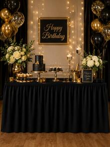 1pc Black Pleated Polyester Table Skirt, Elegant Rectangle Table Cover For Birthday Party, Wedding, Banquet, Dessert Table, Buffet, Bridal Shower, Baby Shower & Event Decor - Black - View 6
