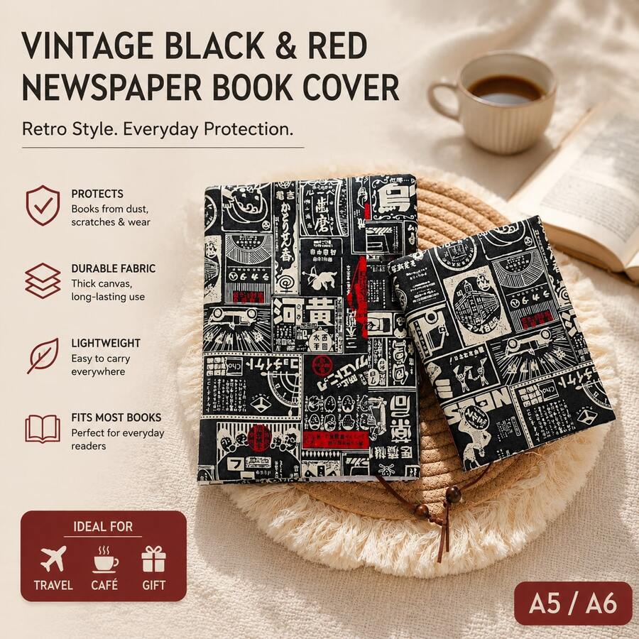Retro Black Base Newspaper Collage Fabric Book Cover, Sturdy Canvas Book Protector Sleeve, Removable Notebook Wrap With A5/A6 Sizes, Lightweight Wearproof Book Jacket For Daily Reading, Journaling And Book Collections
