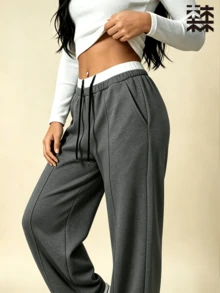 mulinsen Women's Wide Leg Sweatpants, Contrast Color Double Waistband Drawstring Stitching Detail, Loose Casual Sport Pants, Suitable For Daily Fitness And Streetwear - Dark Grey - View 5