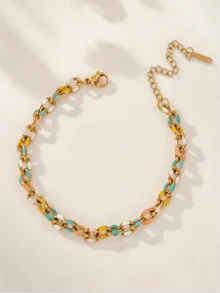 1Pc Vintage Colorful Enamel Drip Chunky Chain Bracelet, Geometric Link Jewelry For Women Daily Party Gift - Enamel Drop Oil Bracelet - View 4