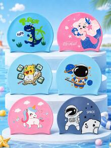 Children's Cartoon Print Swim Cap, Cute Silicone Swimming Cap, Elastic Fit Lightweight Comfortable, Boys And Girls Swimming Pool Water Play Gear - Pink - View 1