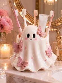 1pc Cute Ghost Toothbrush Holder With Pink Butterfly Decoration, Japanese Style Cute Bathroom Storage Rack, Can Store Toothbrush And Toothpaste, Halloween Ghost Decoration, Vanity Countertop Storage, Aesthetic Room Decor, Spooky Season Home Decor, Gift For Women And Girls - Multicolor - View 3