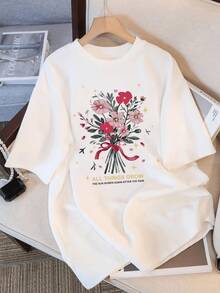 Women Vintage Hip‑Hop Hat‑Wearing Figure Portrait Graphic Print Short‑Sleeve T‑Shirt, Casual Crew‑Neck Loose‑Fit Summer Oversized Street‑Wear Tops - White - View 7