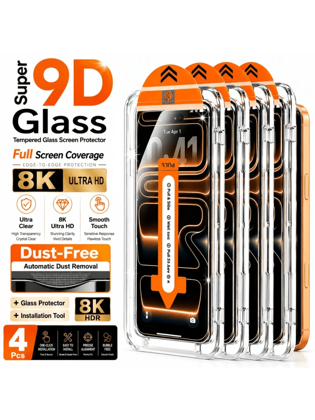 4入組 9D 全螢幕鋼化玻璃螢幕保護貼,相容 iPhone 18 Pro/18 Pro Max/17 Pro Max/Air/17e/16 Pro Max/16E/15 Pro Max/15 Plus/14 Pro/13/12/11 Pro Max/Xs Max/XS/XR/8 Plus/7 Plus,高清透明、耐刮損、邊緣無塵 - 4 PCS - 查看 1