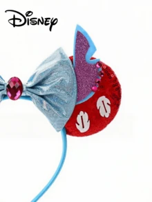Disney 1pc Lilo & Stitch Ear Headband, Red Sequin Hawaiian Leaf With Blue Metallic Bow Gem Hair Accessory - Multicolor - View 3