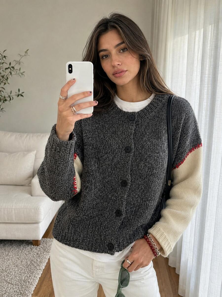 Women's Urban Casual Knit Cardigan, Elegant Grey Patchwork Loose Knit Sweater, Comfortable Versatile Design For Autumn/Winter, Handmade With Rope Buckle Decor, Round Neck Long Sleeve Knitted Cardigan - Dark Grey - View 1