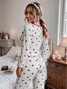 Women's Strawberry Print Tie Neck Ruffle Long Sleeve Top + Elastic Waist Long Pants Pajama Loungewear Set - White - View 2