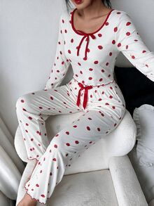 Women's Strawberry Print Tie Neck Ruffle Long Sleeve Top + Elastic Waist Long Pants Pajama Loungewear Set - White - View 6