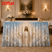 1pc Religious Wedding Altar Table Skirt, Elegant White Floral & Dove Print Tablecloth, Suitable For Church Communion Ceremony, Banquet, Party Event Decoration - Multicolor - View 4