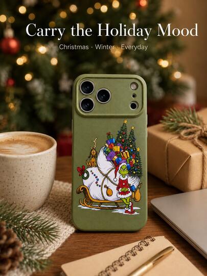 The Grinch Custodia per telefono, illustrazione grafica di cartoni animati natalizi vintage, copertina protettiva opaca, design con slitta di Babbo Natale, albero di regali, custodia per telefono mobile sottile e antiurto compatibile con iPhone 11/12/13/14/15/16 Pro Max Series, regalo natalizio per donne e uomini