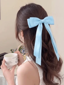 2件裝淺藍色緞面蝴蝶結髮夾，女款長尾緞帶蝴蝶結髮夾，可愛柔軟髮飾，適合婚禮派對日常穿著秋季搭配 - 藍色 - 查看 3