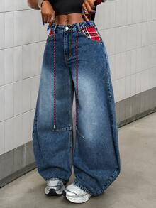 Women's Casual Wide Leg Jeans With Plaid Pocket And Rope Detail Design - Medium Wash - View 3