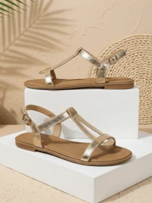 CAJUNI Women Flat Sandals Multiple Strap Open Toe Vacation Style Plain Color Versatile,Spring Summer Outfits - Gold - View 2