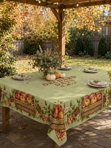 1pc Autumn Apple Orchard Rectangular/Round/Oval Tablecloth, Apple Basket Wooden Box, Cinnamon And White Floral Border Pattern, Polyester Dining Table Cover, Country Farmhouse Kitchen, Patio Gathering And Thanksgiving Harvest Season Decor - A - View 3