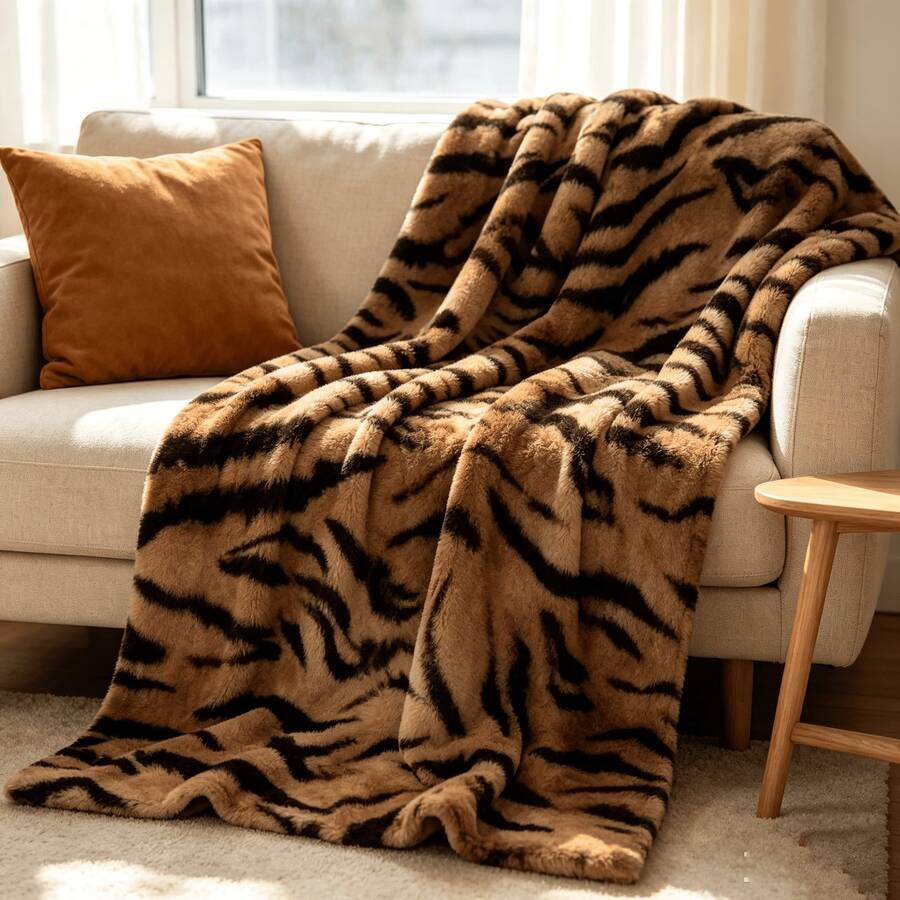1PC Vintage Tiger Print Plush Blanket, Wild Style Sofa Throw, Living Room Bedroom Soft Decor Leisure Decorative Blanket - Multicolor - View 1