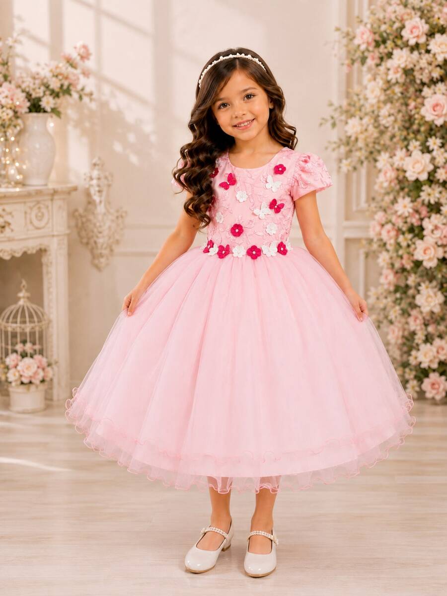 Vestido Rosa Festa Infantil Florista Luxo Apliques de Borboletas