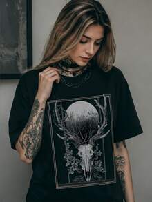 Gothic Deer Skull Graphic T-Shirt, Dark Academia Cottagecore Forestcore Style, Round Neck Slightly Stretch Tee, Ideal Gift For Summer & Autumn - Black - View 3