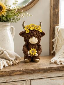 1pc Cute Highland Cow Resin Figurine With Sunflower, Rustic Farmhouse Style Cow Statue, Cottagecore Desktop Decor, Suitable For Living Room, Bookshelf, Mantel, Entryway, Gift For Cow Lovers - New Product - View 8