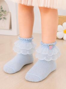 1 Pair Girls Lace Trim Socks, Multi-Color Baby Princess Socks - Baby Blue - View 2