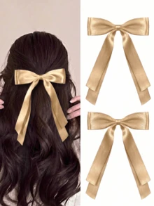 2pcs Champagne Gold Satin Bow Hair Clips, Long Tail Double Layer Satin Ribbon Bow Hair Clips, Half-Up Hair Accessories, Suitable For Party, Wedding, Y2K Style Autumn Outfit - Khaki - View 6