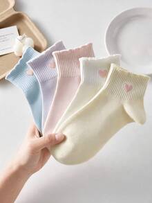 1/3/5/10 Pairs Women's Cute Sweet Breathable Short Socks, Heart Pattern Ruffle Edge Student Socks, Suitable For Daily Casual Wear - Multicolor - View 2