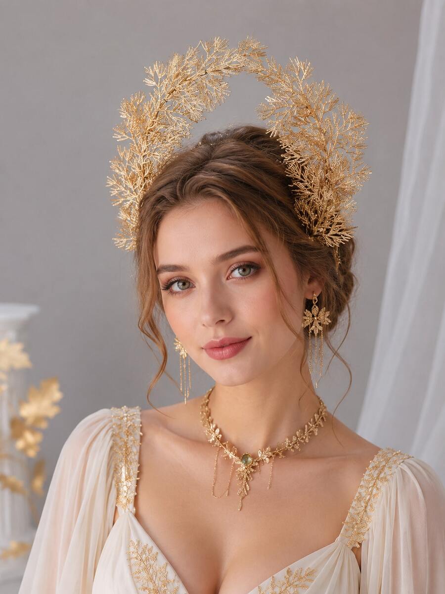 1pc Gold Pine Needle Halo Crown Headband Festival Goddess Branch Wreath ...
