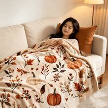 1PC Autumn Pumpkin & Maple Leaf Print Blanket, Harvest Season Theme Sofa Throw, Vintage Atmosphere Home Decor Casual Blanket - Multicolor - View 3