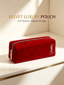 Yves Saint Laurent YSL Saint Laurent Luxury Burgundy Velvet Makeup Bag With Gold Foil Logo, Compact Portable Zippered Cosmetic Pouch - Wine Red Red Envelope - View 2