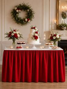 1pc Red Pleated Polyester Table Skirt, Elegant Rectangle Table Cover For Wedding, Birthday Party, Cake Dessert Table, Banquet, Buffet, Bridal Shower, Baby Shower & Christmas Decor - Red - View 3