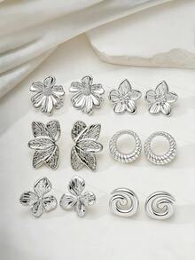 2/12PCS Vintage Fashion Elegant Silver Flower Hollow Floral Leaf Circle Spiral Stud Earrings Set, Daily Versatile Commute Accessory - Silver - View 3