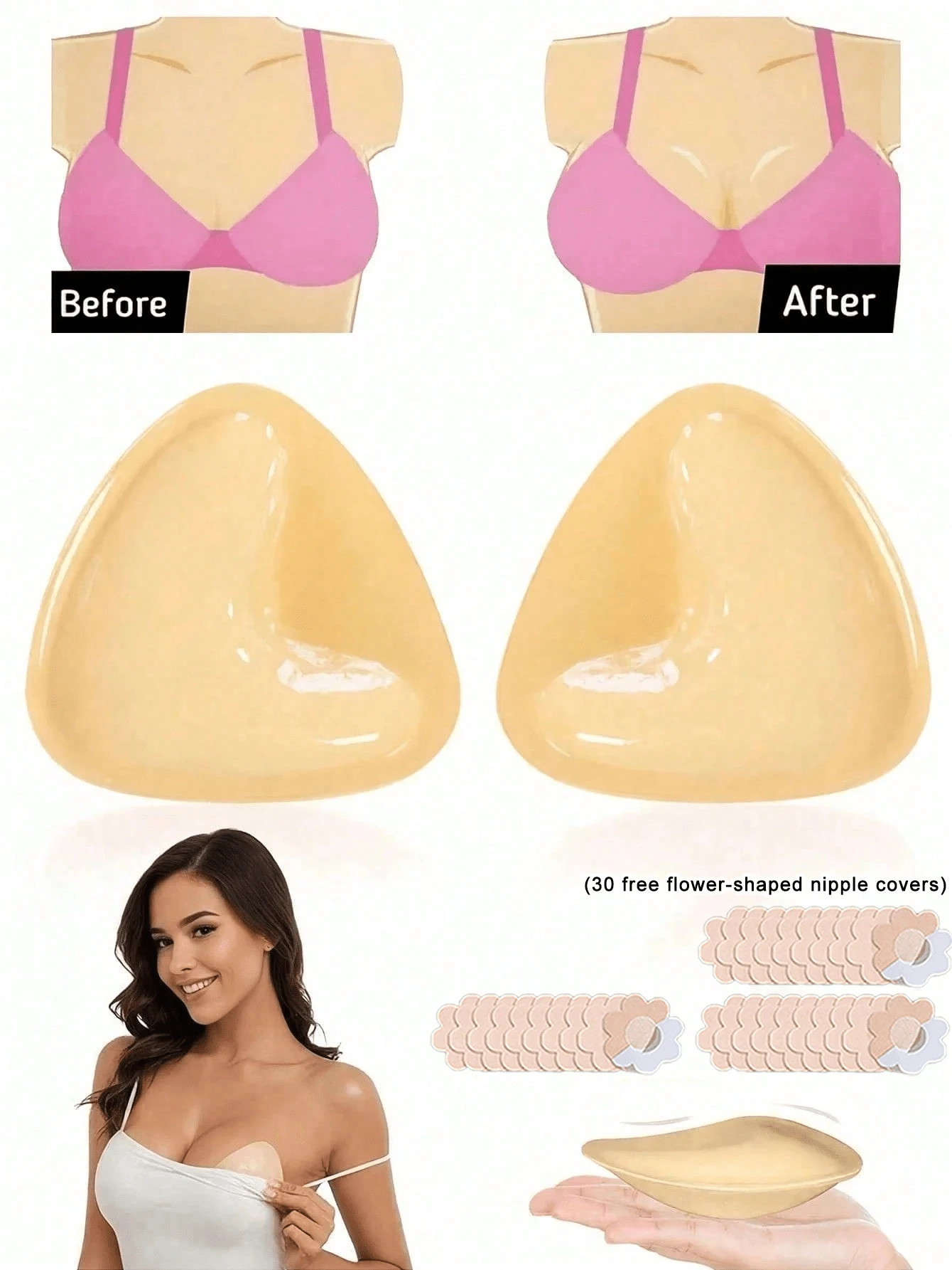 1 Pair Curved Triangle Silicone Breast Pads (Includes 30 Pieces), Natural Voluminous, Bra And Swimsuit Replacement Pads - Multicolor - View 1