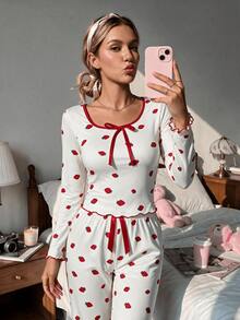 Women's Strawberry Print Tie Neck Ruffle Long Sleeve Top + Elastic Waist Long Pants Pajama Loungewear Set - White - View 5