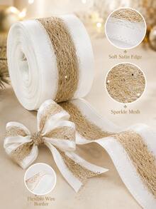 2.5 Inch Gold Glitter Wired Christmas Ribbon, White Champagne Mesh Polyester Ribbon With Metallic Edge, Christmas Tree Ribbon, Suitable For Bow Making, Christmas Tree Topper, Wreath, Holiday Party DIY Decoration - Gold Fan Belt - View 8