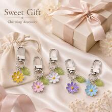 1pc Cute Enamel Daisy Flower Keychain For Women, Colorful Mini Bag Charm With Leaf Pendant, Lightweight Keyring For Handbag Purse Backpack Gift - Quantity - View 5