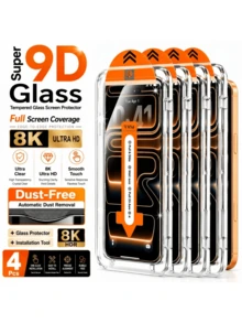 4入組 9D 全螢幕鋼化玻璃螢幕保護貼，相容 iPhone 18 Pro/18 Pro Max/17 Pro Max/Air/17e/16 Pro Max/16E/15 Pro Max/15 Plus/14 Pro/13/12/11 Pro Max/Xs Max/XS/XR/8 Plus/7 Plus，高清透明、耐刮損、邊緣無塵 - 4 PCS - 查看 24