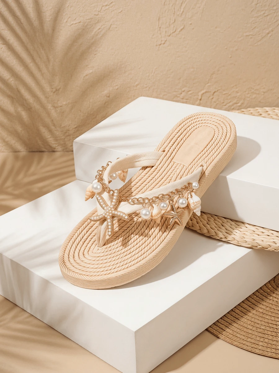 CAJUNI Tali Sepatu Buatan Tangan dengan Hiasan Berlian Imitasi dari Kerang dan Bintang Laut Alami, Sandal Pantai Kasual Nyaman untuk Wanita, Cocok untuk Liburan Musim Panas - Krem - View 1