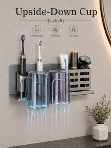 Wall-Mounted Toothbrush Holder Storage Rack, Bathroom Organizer, No-Drill Wall-Mounted Toothbrush Holder With Storage Slot And Cup, Space-Saving Bathroom Storage Rack, Modern Practical Design, Suitable For Electric Toothbrushes, Razors And Toiletries - Multicolor - View 2