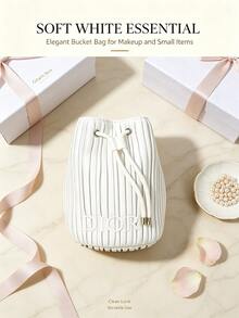 Dior Cream White Vertical Stripe Drawstring Makeup Bag, 3D Embossed Letter Logo Mini Bucket Storage Bag, Portable Travel Cosmetic Jewelry Organizer - White Bucket Bag - View 8