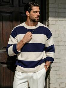 Sweater Patchwork Bergaris Klasik Unisex, Atasan Rajut Longgar Kasual Nyaman Bergaya Retro dengan Leher Bulat, Cocok untuk Musim Gugur dan Musim Dingin - Aprikot - View 3