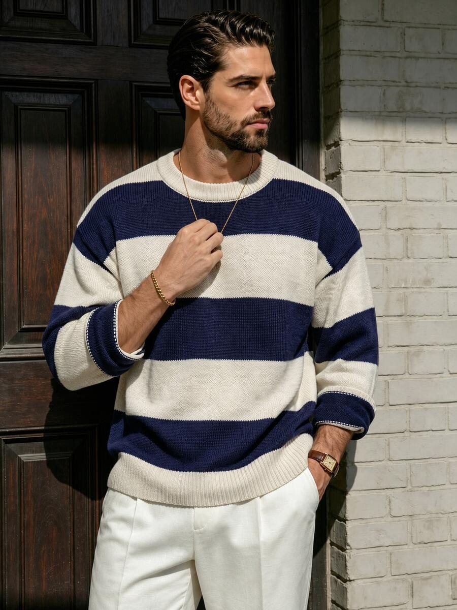 Unisex Classic Striped Patchwork Sweater, Loose Casual Comfortable Retro Slouchy Crew Neck Knit Top, Suitable For Autumn And Winter - Apricot - View 1