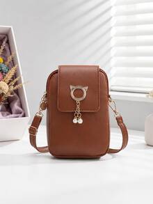 1pc Girls Cute Cat Pearl Pendant Phone Crossbody Bag, Multi-Color Vertical Small Bag, Lightweight Coin Purse Shoulder Bag - Plain Weave - View 4