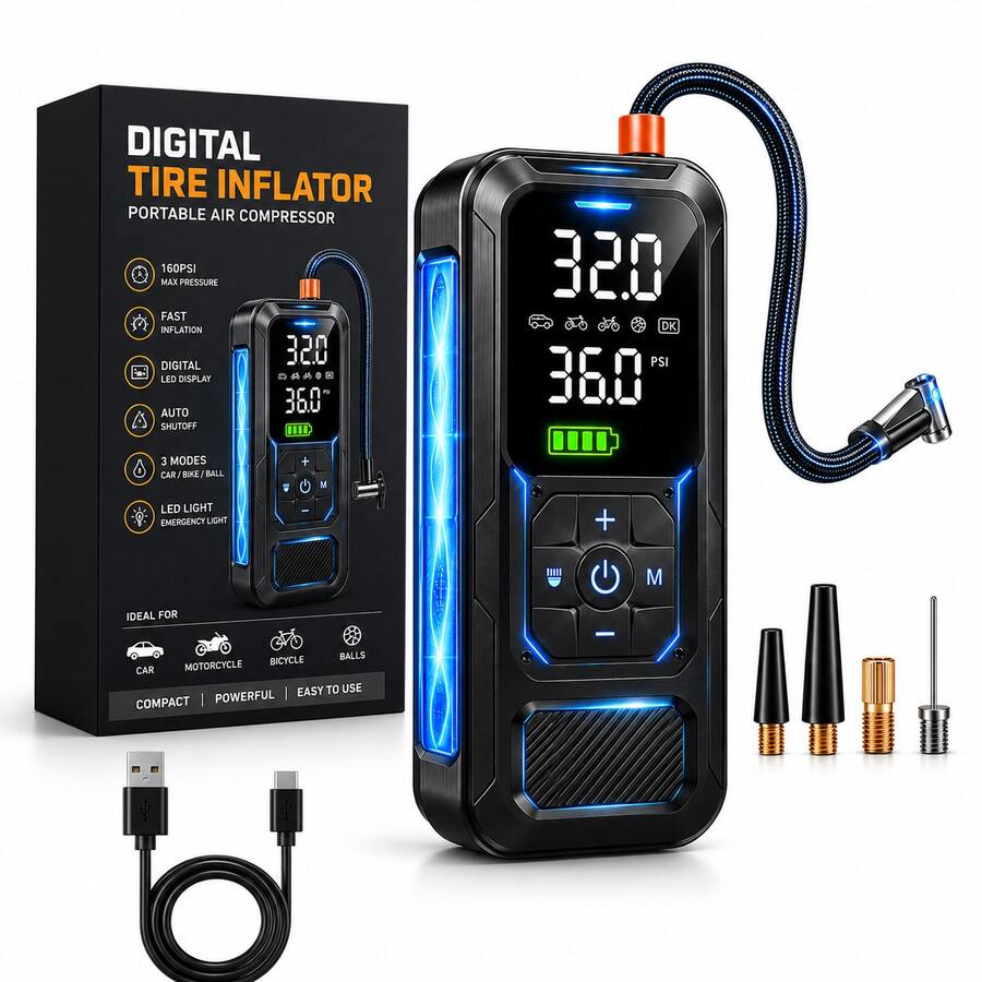 Portable Tire Inflator Air Compressor, 5X Faster Inflation, Cordless 160PSI Air Pump For Car Tires With Digital Pressure Gauge/Led Light For Car, Motorcycle, Bike, Ball - Wireless - View 1