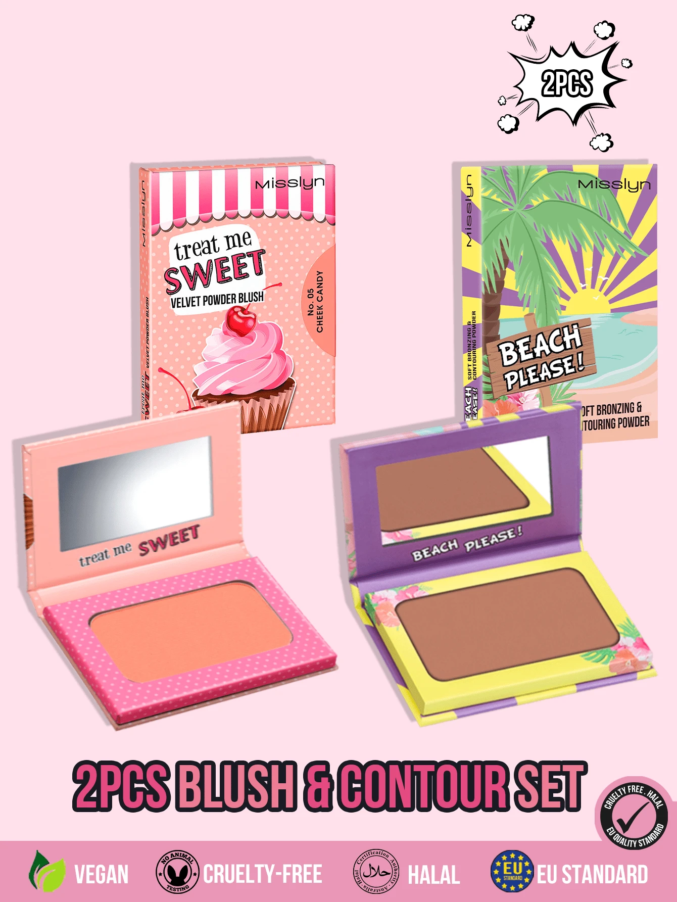 MISSLYN 2Pcs Velvet Powder Blush & Beach Please Bronzing Contour Set, Buildable Color, Smooth Blendable Texture, Face Blush & Bronzer Contour Palette, Daily/Beach/Party, Sun-Kissed/Rosy Cheeks/Soft Glam, Blush & Bronzer Powder,Halloween Makeup - #05+#51 - View 1
