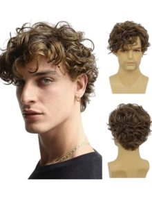 Men's Short Brown Wig, Curly Layered Natural Side Part Hairstyle, Heat Resistant Synthetic Wig With Wig Cap - Brown - View 1